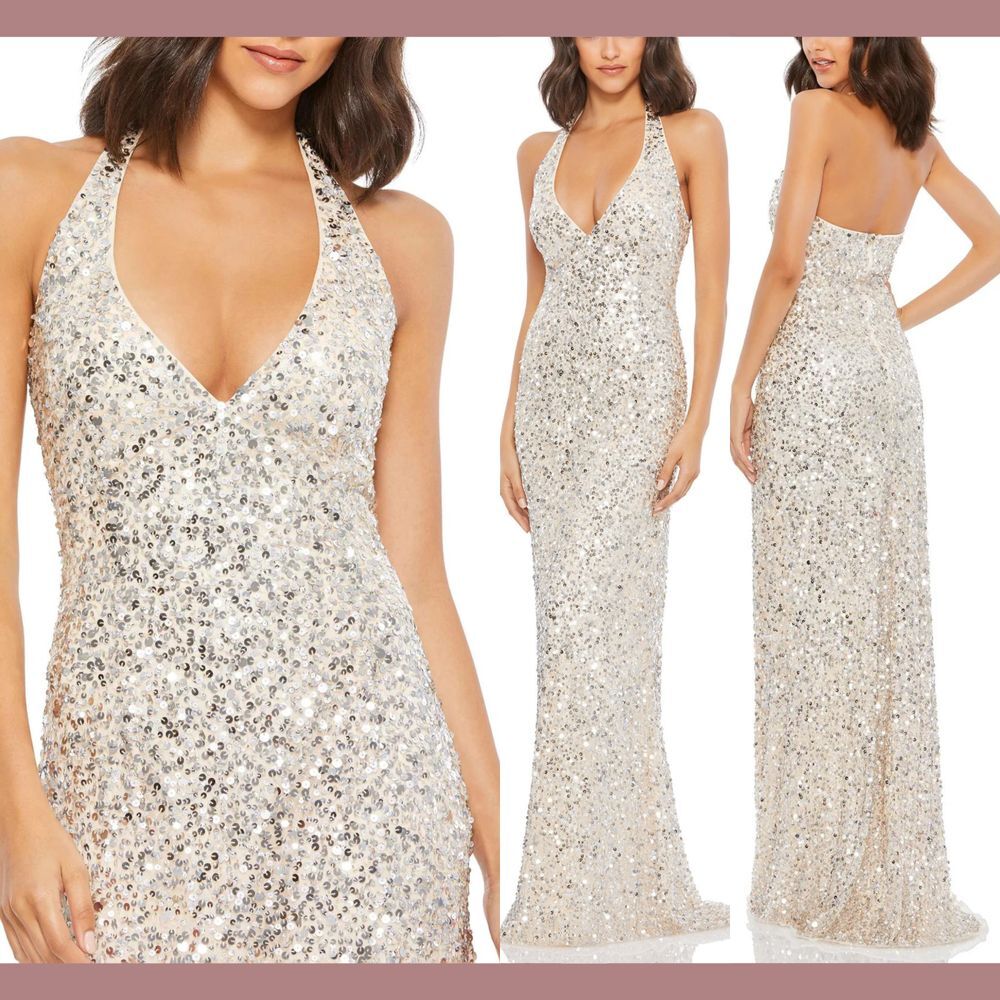 NWT $358 Mac Duggal [ 2 ]  Sequined Halter Strap Column Gown Silver‎ Nude #J87